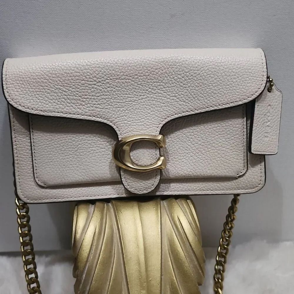 Coach Tabby Mini Chain Clutch in Chalk pebbled leather with gold-tone upgraded c
